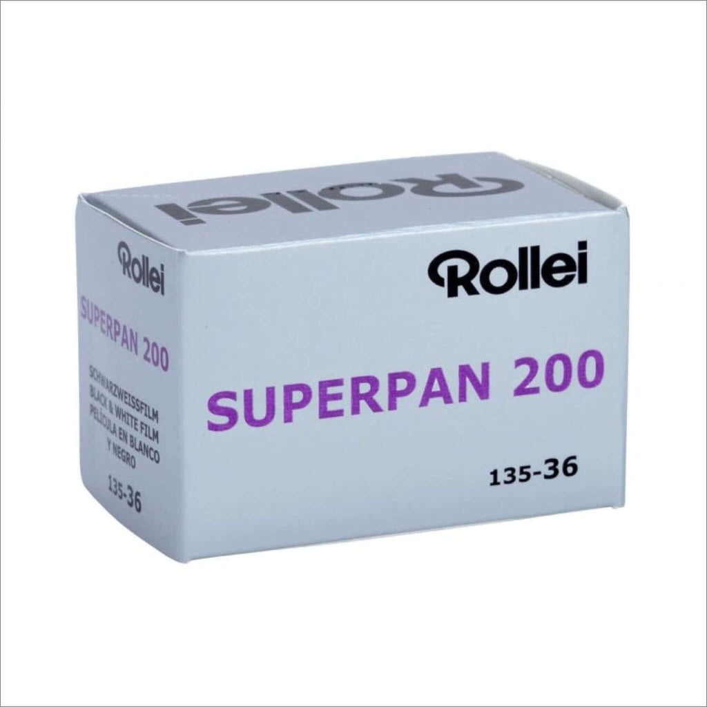 White cardboard box of rollei superpan 200 black and white film, labeled with purple text for the product name and model number.