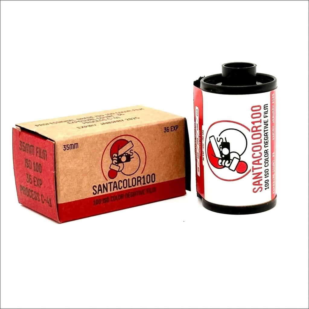 SantaColor 100 ISO C41 35mm color negative film with packaging, designed for analog photography.
