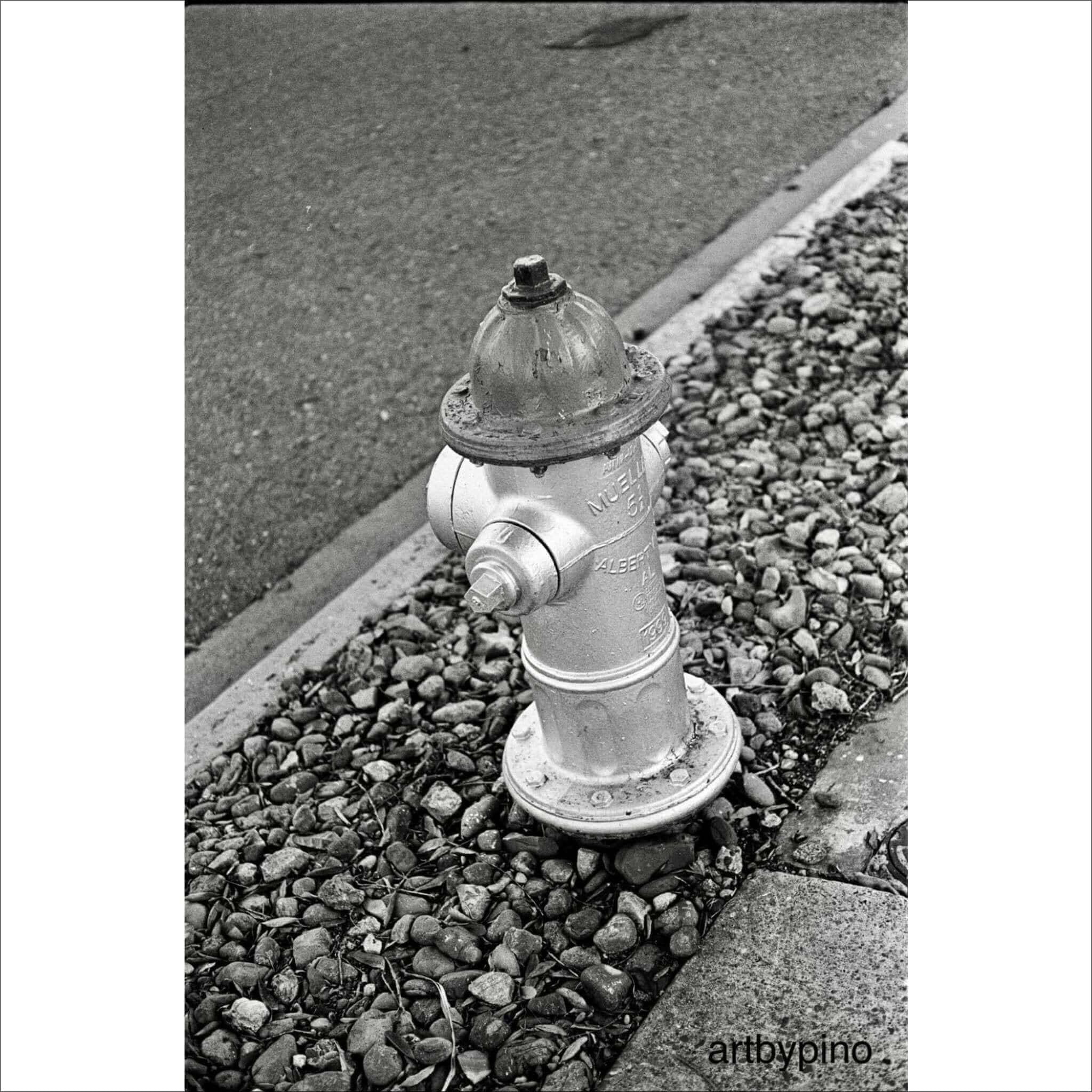 A classic silver fire hydrant with a domed top and bolted caps, standing on a bed of gravel.