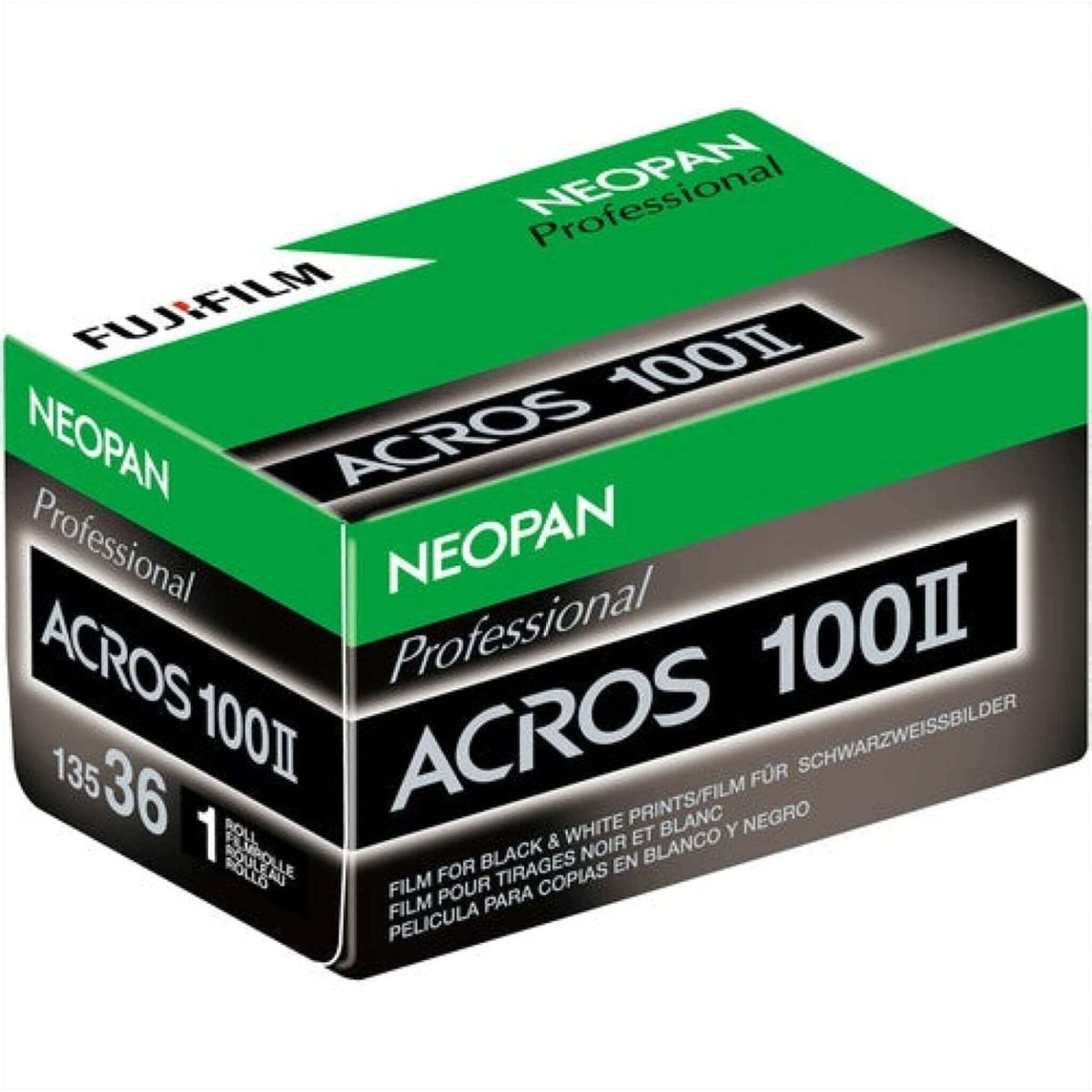 Fujifilm Neopan ACROS II 100 film box for black and white photography, 35mm, 36 exposures, professional quality.