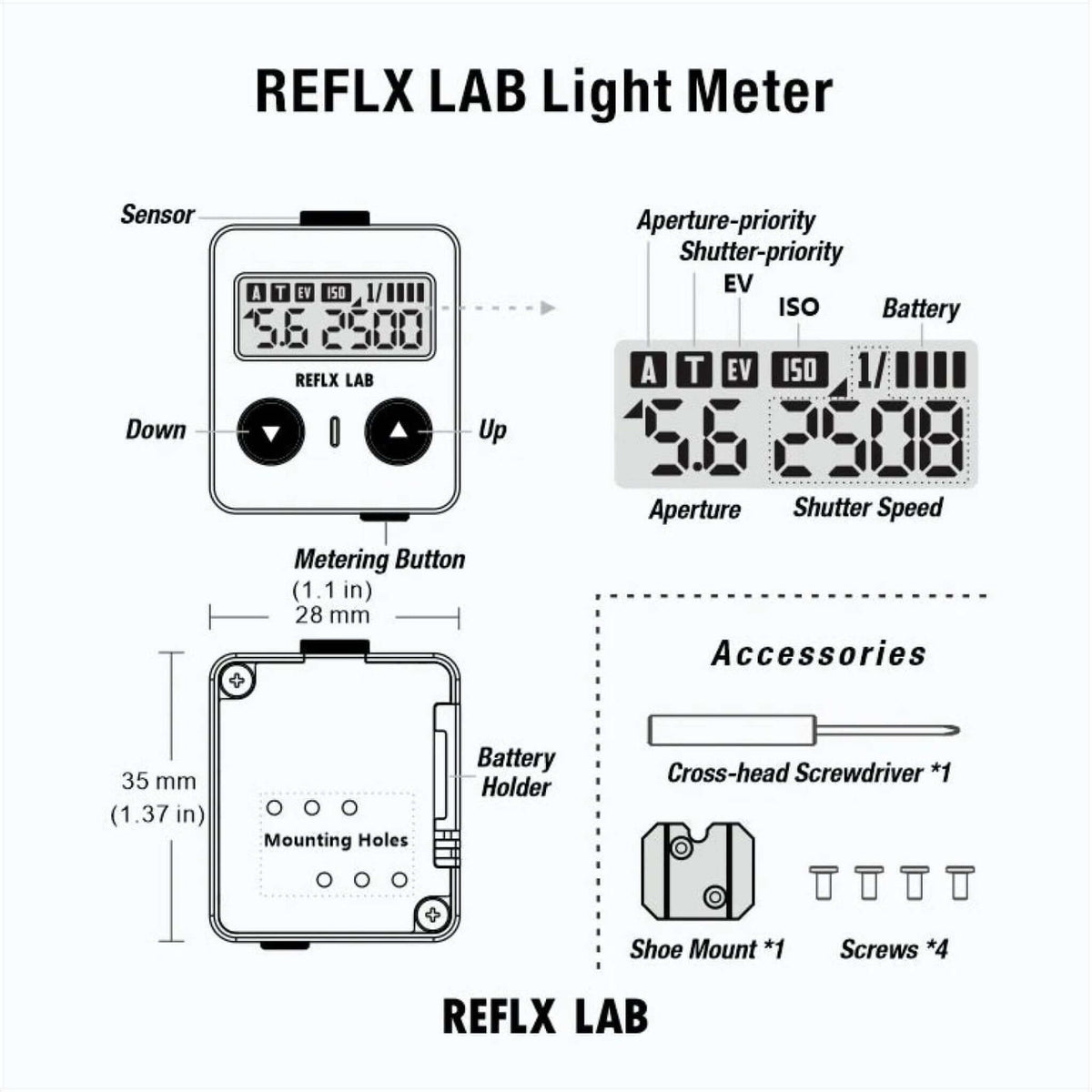 Diagram of the Reflx Lab Digital Light Meter showing controls, display options, and accessories.