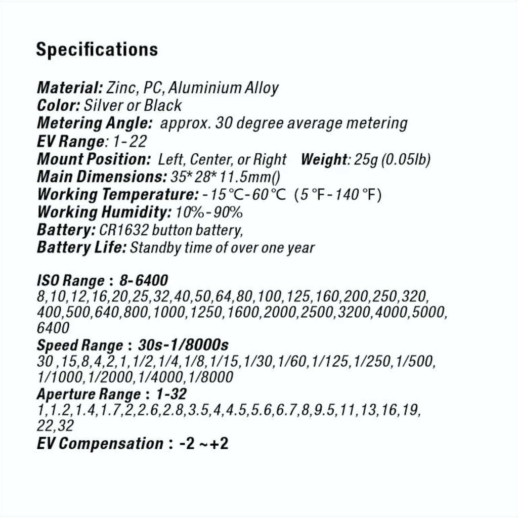 Specifications for Reflx Lab Digital Light Meter: material, dimensions, ranges, and features overview.