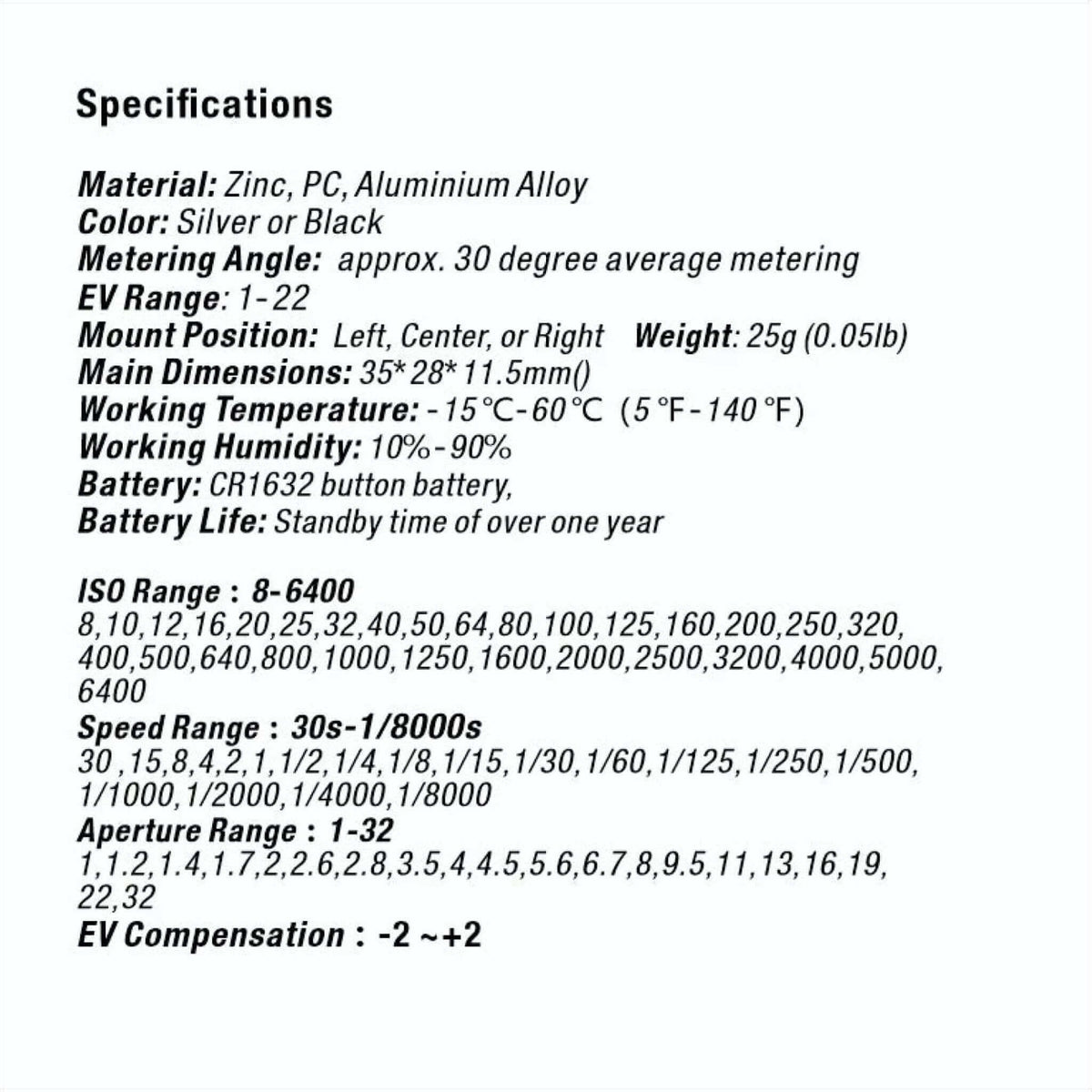 Specifications for Reflx Lab Digital Light Meter: material, dimensions, ranges, and features overview.